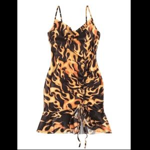 NWT - Cowl Neck Flame Print Cinched Ruffle Mesh Dress (Size M)